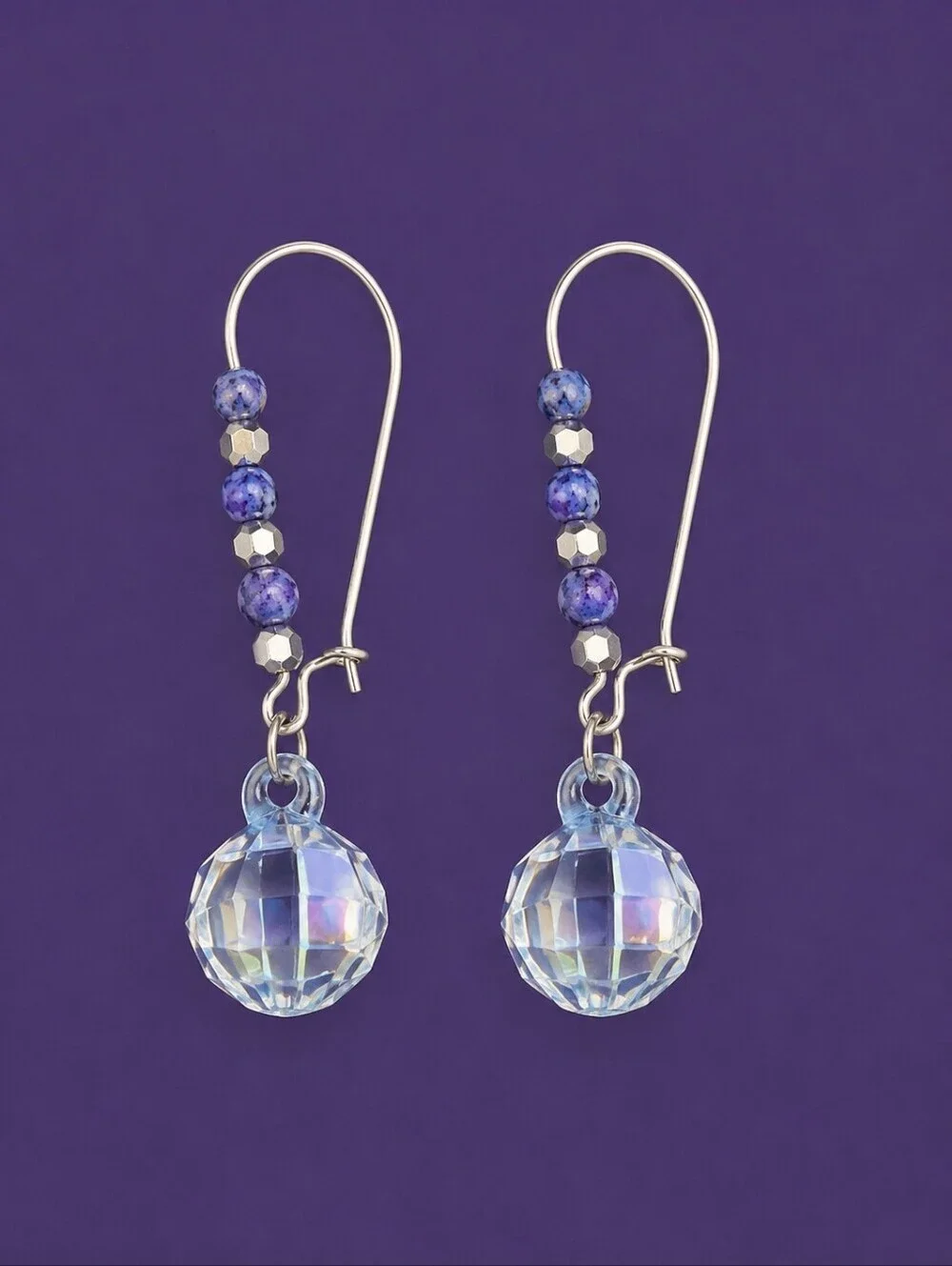 3/$30 HANDCRAFTED Lavendar Blue Czech Glass Beaded Disco Ball Hoop Earrings